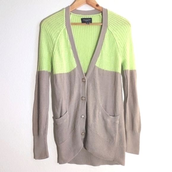 American Eagle Cardigan Button Front Long Neon Yellow/Green Tan Size Small - Picture 1 of 14